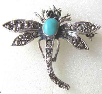 925 Sterling Silver and Marcasite `` Dragonfly `` Brooch