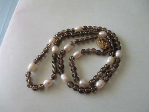 Genuine Smoky Quartz and Pearls Necklace with Silver Clasp