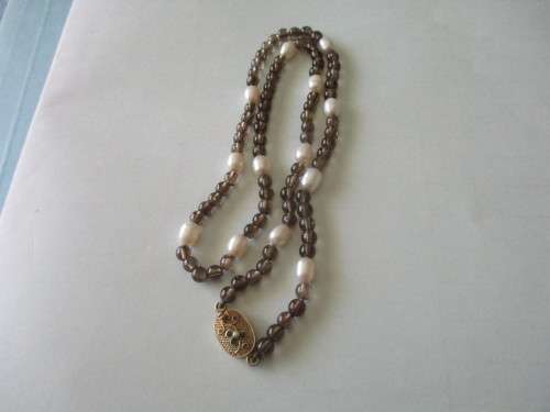 Genuine Smoky Quartz and Pearls Necklace with Silver Clasp