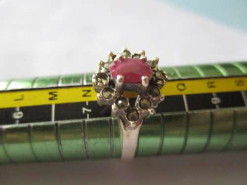 925 Sterling Silver Genuine Ruby and Marcasite Ring