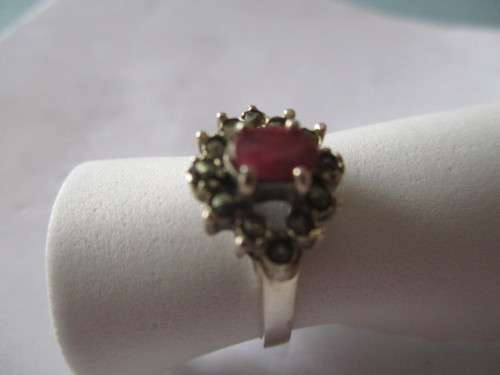 925 Sterling Silver Genuine Ruby and Marcasite Ring