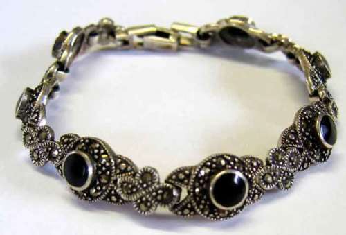 Solid Sterling Silver, Marcasite and Onyx Bracelet