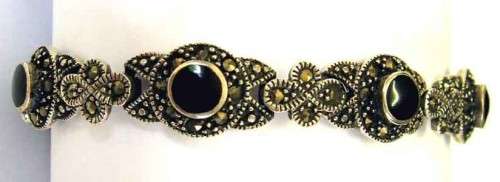 Solid Sterling Silver, Marcasite and Onyx Bracelet