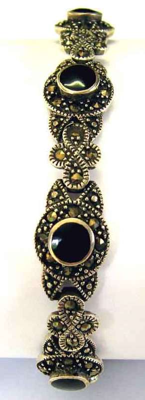 Solid Sterling Silver, Marcasite and Onyx Bracelet