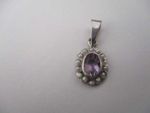 9ct Gold, Genuine Amethyst and Seed Pearls Pendant