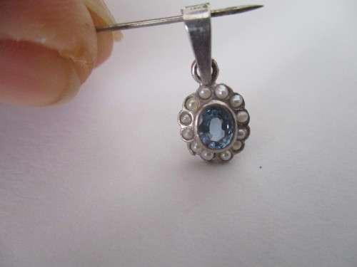 9 ct White Gold , Blue Topaz and Seed Pearls Pendant