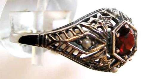 925 Sterling Silver , Genuine Garnet and Seed Pearls Ring