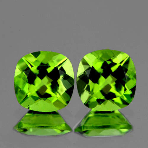 2.34 cts. 6.00 mm 2 pcs Cushion AAA Fire Green Peridot [ Natural Flawless-VVS ]