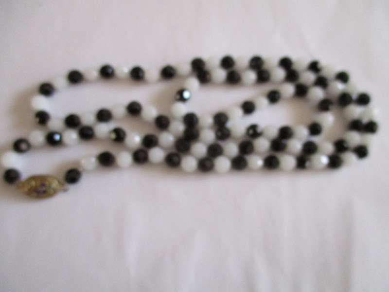 Genuine Faceted Black Onyx and White Jade Necklace with Silver Clasp
