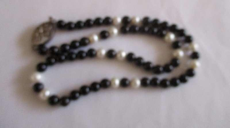 Genuine Black Onyx and Cultured Pearls Necklace with Silver Clasp
