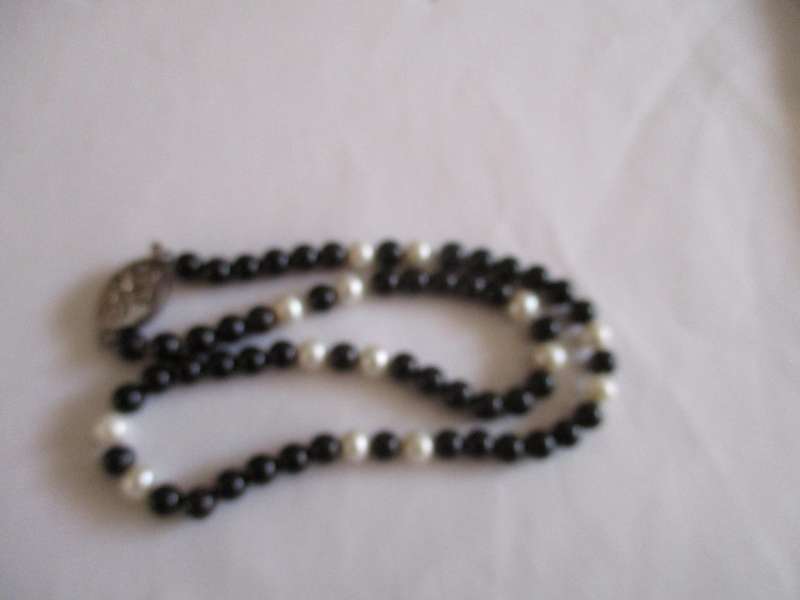 Genuine Black Onyx and Cultured Pearls Necklace with Silver Clasp