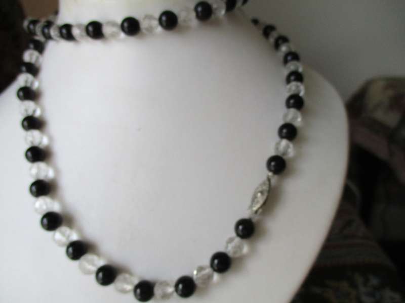Genuine Black Onyx and Crystal Neclace 80cm long