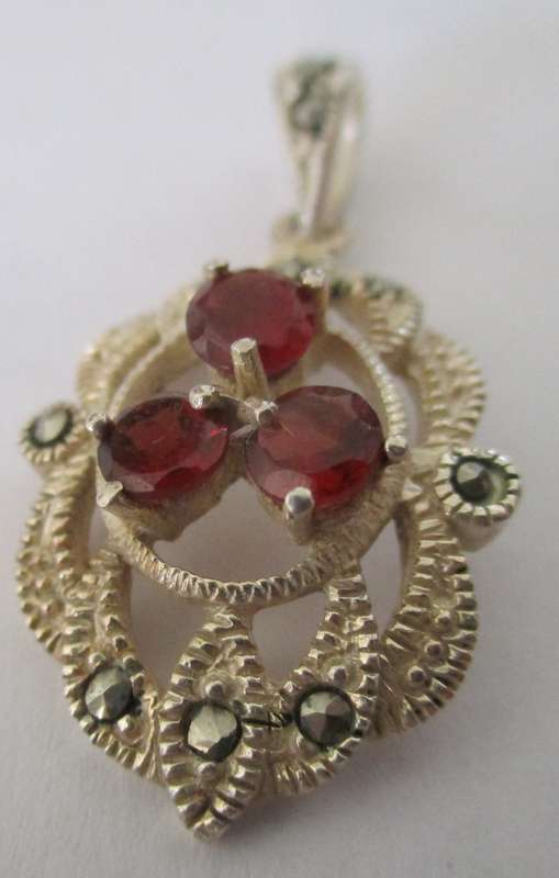 Sterling Silver Marcasite & Genuine Garnets Pendant