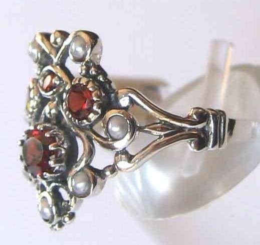925 Sterling Silver and Genuine Garnets and Seed Pearls Ring