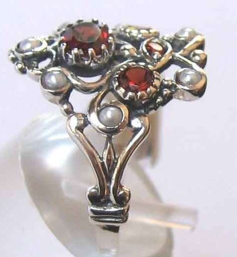 925 Sterling Silver and Genuine Garnets and Seed Pearls Ring