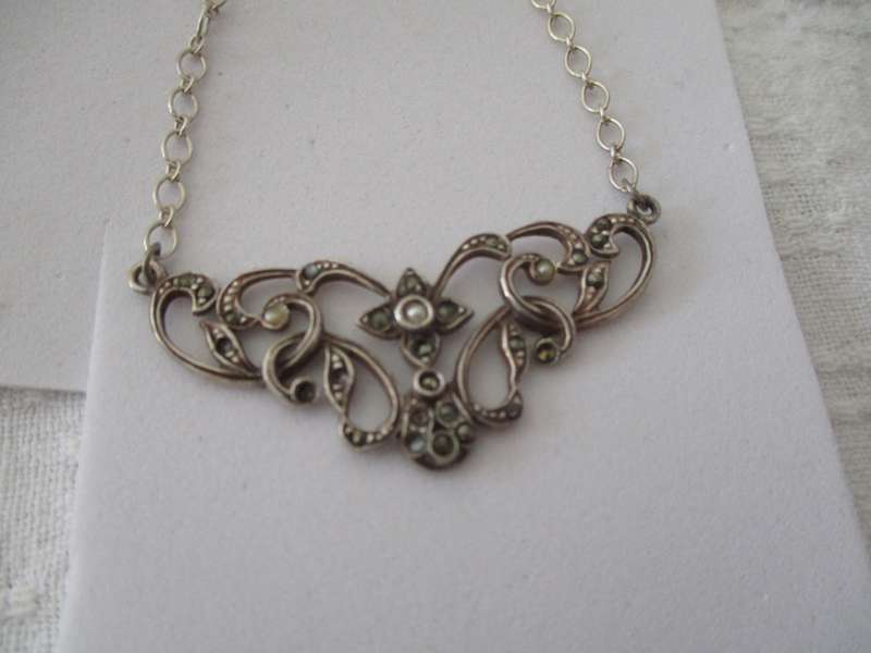925 Sterling Silver Maracasite and Seed Pearls Necklace
