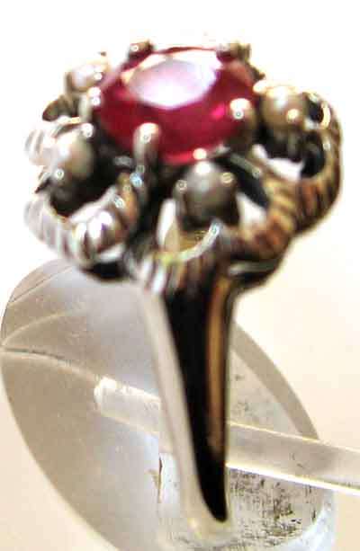 925 Sterling Silver, Ruby and Seed Pearls Ring