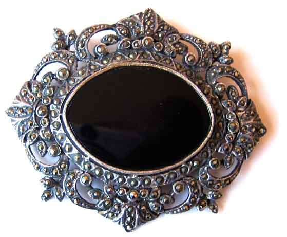 Sterling Silver , Marcasite and Black Onyx  Brooch, Lovely piece.