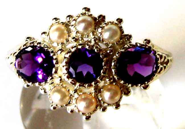 925-Sterling Silver -  Genuine Amethysts and Seed Pearl  Ring.