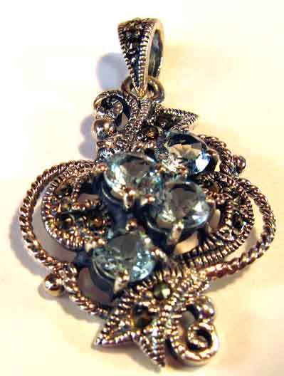 Sterling Silver, Marcasite  & Genuine Blue Topaz Pendant.