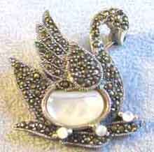 Lovely -Sterling Silver Mother of Pearls  and Marcasite '' Swan '' Brooch.