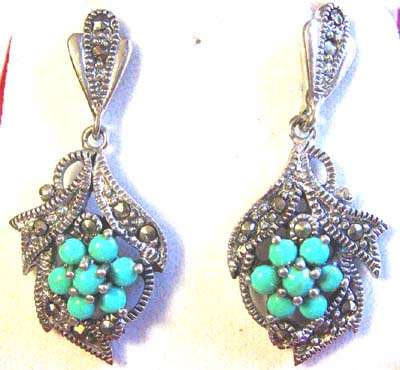 925 Sterling Silver , Marcasite and Turquoise Drop Earrings