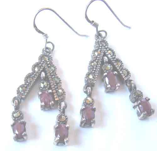 A pair of 925 -Sterling Silver, Marcasite and Rubies    Earrings