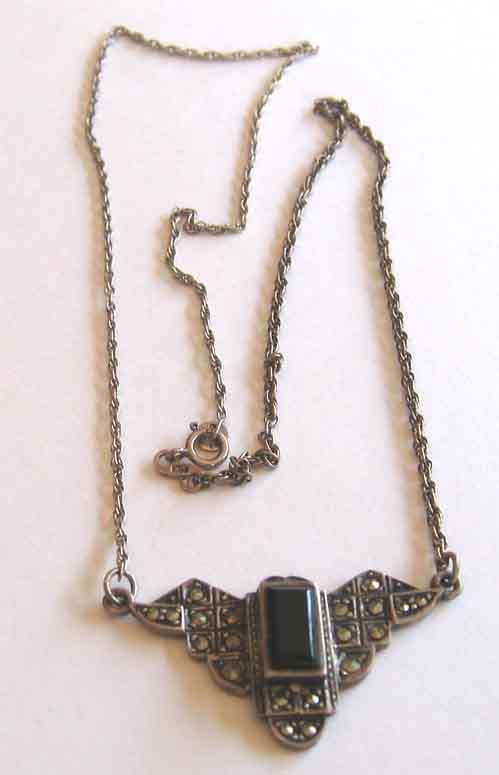 Sterling Silver Chain & Marcasite ,Black Onyx  Pendant/ Necklace