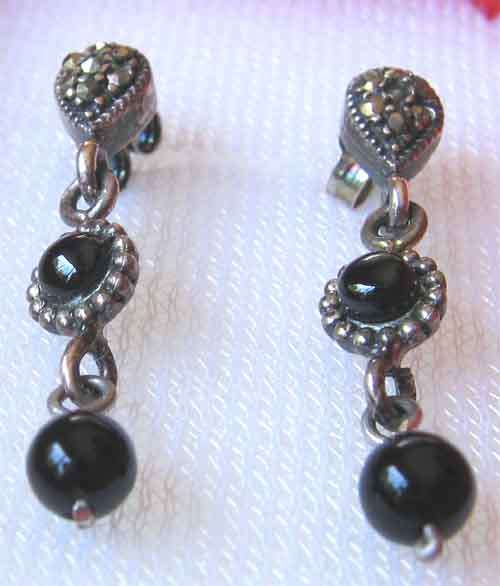 Beautiful Sterling Silver, Marcasite and Black Onyx   Earrings.