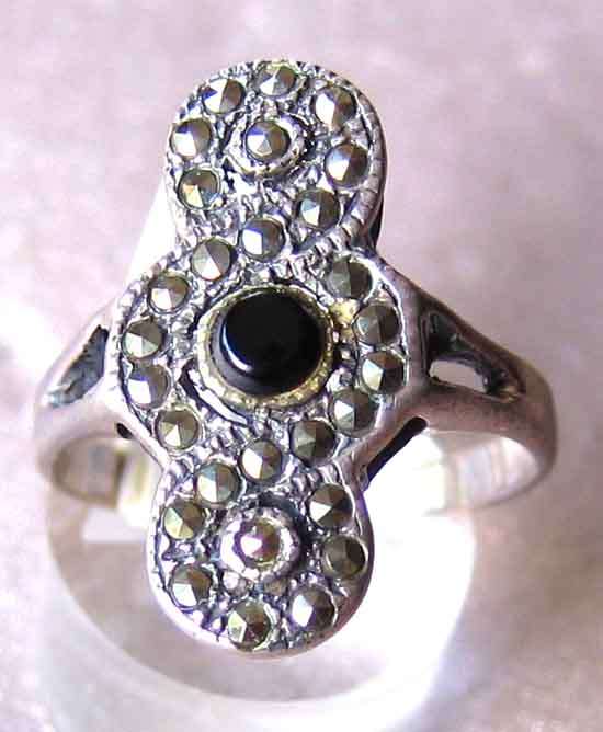 925 -Sterling Silver , Black  Onyx and Marcasite   Ring.