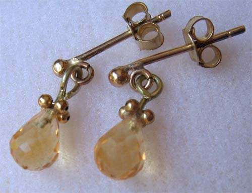 9ct  solid Gold and Genuine Citrines Drop Earrings