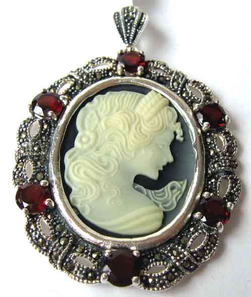 Cameo, Garnet and Marcasite Pendant