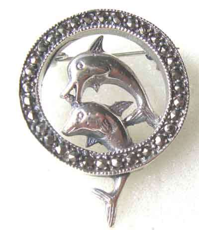 Lovely , Sterling Silver and Marcasite  `` Dolphins ``   Brooch