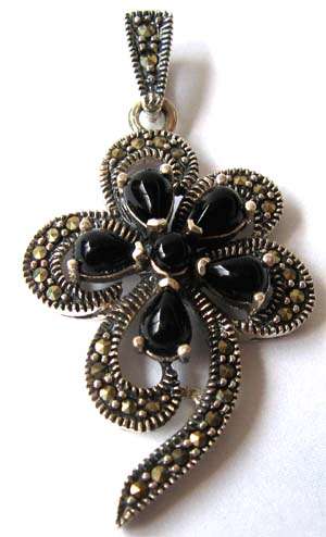 Solid 925 Sterling Silver, Marcasite  and Black Onyx  Pendant