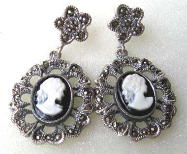 Big Sterling Silver and Marcasite & Cameo Earrings