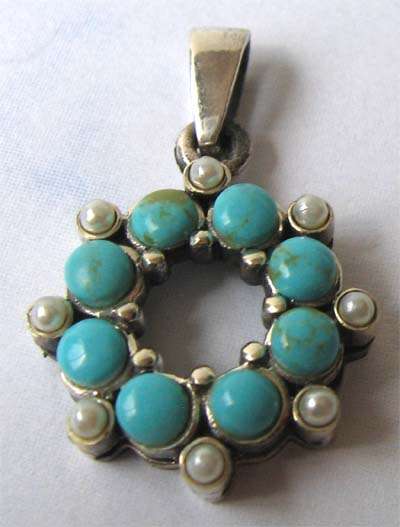 Stylish Sterling Silver , Turquoise and Seed Pearls Pendant