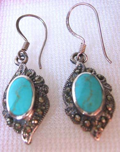 A pair of   Sterling Silver , Marcasite and Turquoise earrings