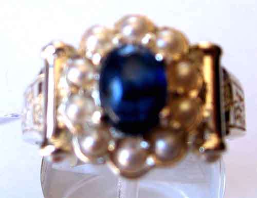 925 Sterling Silver and Genuine Blue Sapphire and Seed Pearls Ring