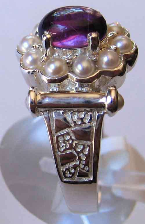 925 -Sterling Silver,  Genuine Amethyst and Seed Pearls  - Ring