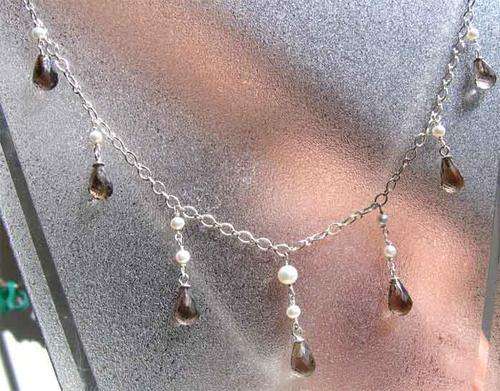 Beautiful 925 Sterling Silver Genuine Drop Smoky Topaz & Pearls Necklace