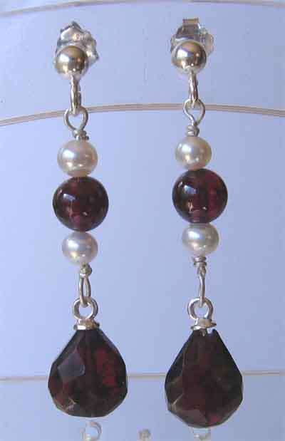Genuine-   925 Sterling Silver Pearls   and Drop Garnets Earrings