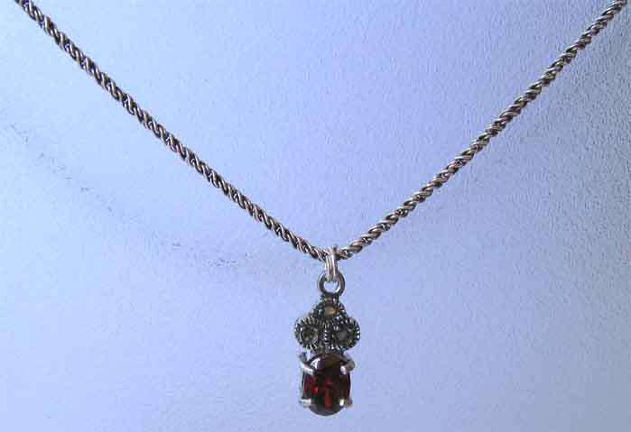 Sterling Silver Genuine Garnet Pendant  on ` popcorn` Silver  Chain