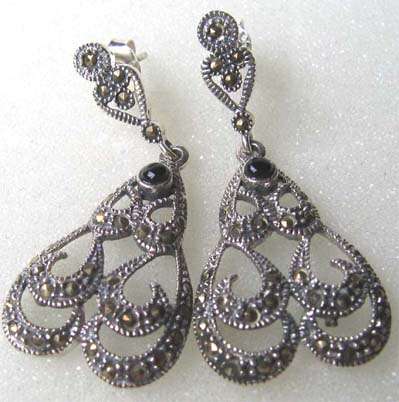 A pair of   Sterling Silver , Marcasite and Onyx,  Dangle  Earrings