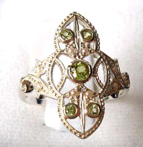 925 - Solid Sterling Silver, Seed Pearls and Genuine Peridot  Ring