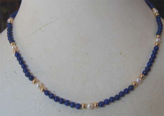 Beautiful  Lapis Lazuli,, Cultured Pearls and 14 ct Gold Beads  -  Necklace