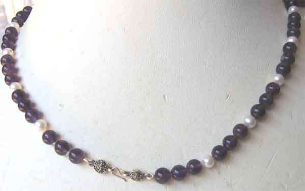 Lovely, 925 Sterling Silver - Marcasite Clasp & Genuine Cultured Pearls  and  Amethysts Necklace .