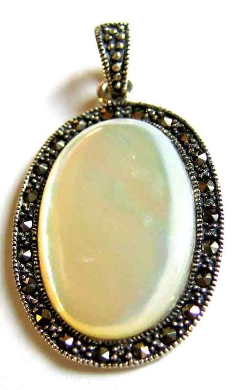 Sterling Silver , Marcasite and Mother of Pearl Pendant.