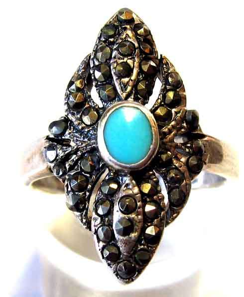 Sterling Silver, Marcasite and Tourquoise Ring.