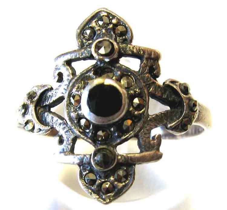 Unusual, Sterling Silver, Marcasite and Black Onyx Ring.