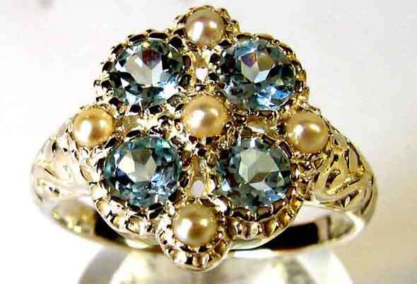 Stylish Sterling Silver , Sky Blue Topaz and Pearls Ring.